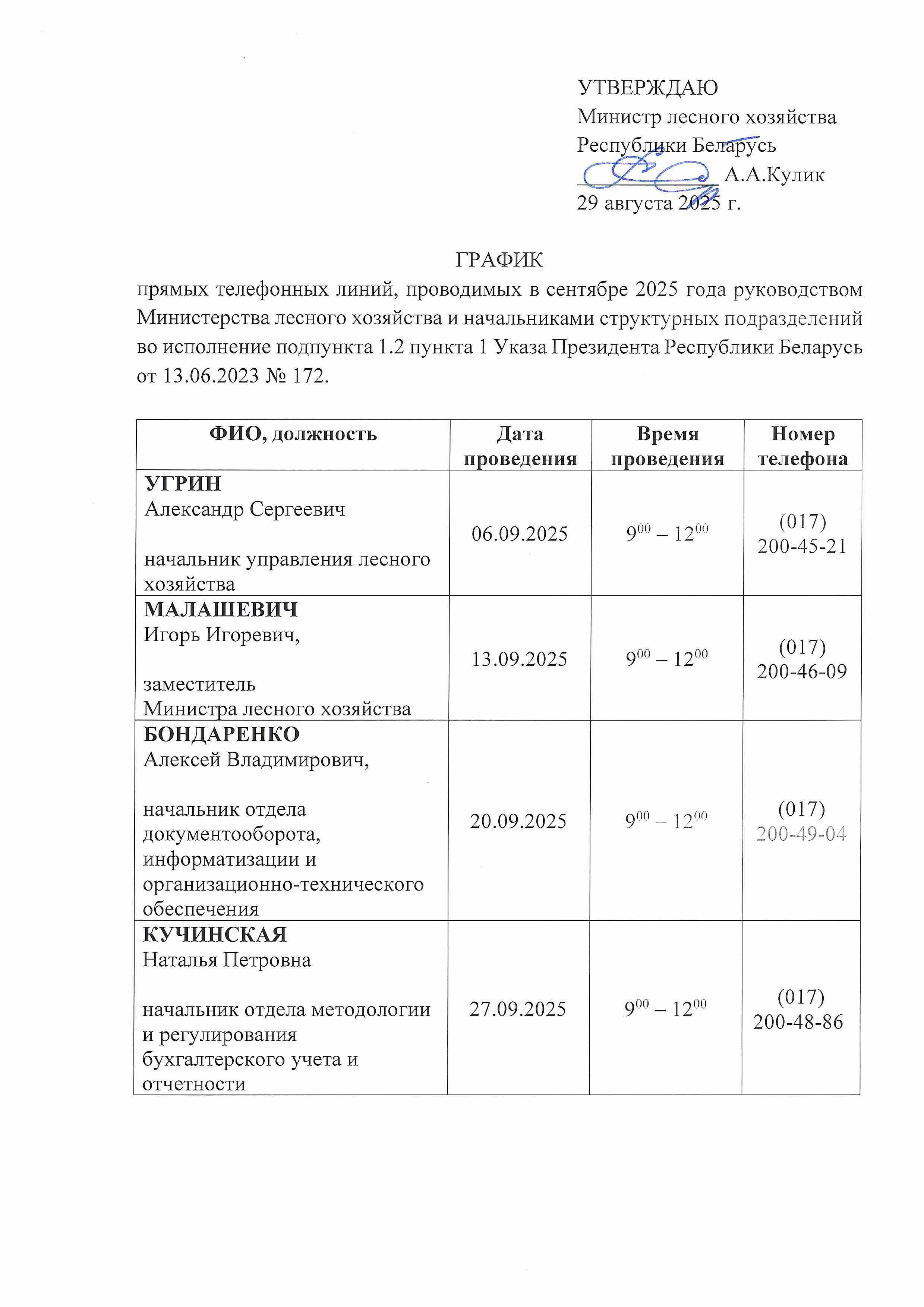 График прямых телефонных линий, проводимых в сентябре 2025 года