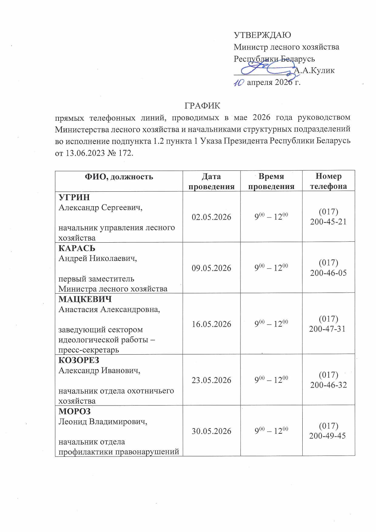 График прямых телефонных линий, проводимых Министерством лесного хозяйства