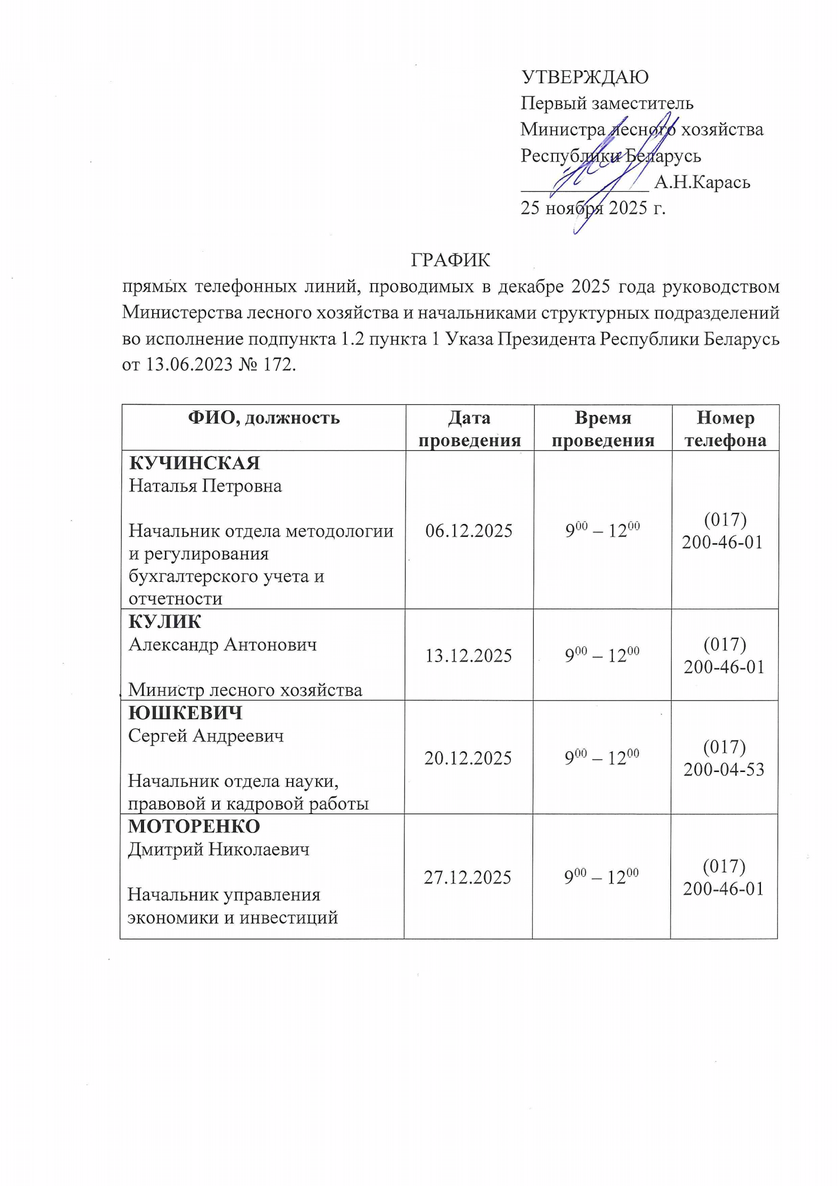 График прямых телефонных линий