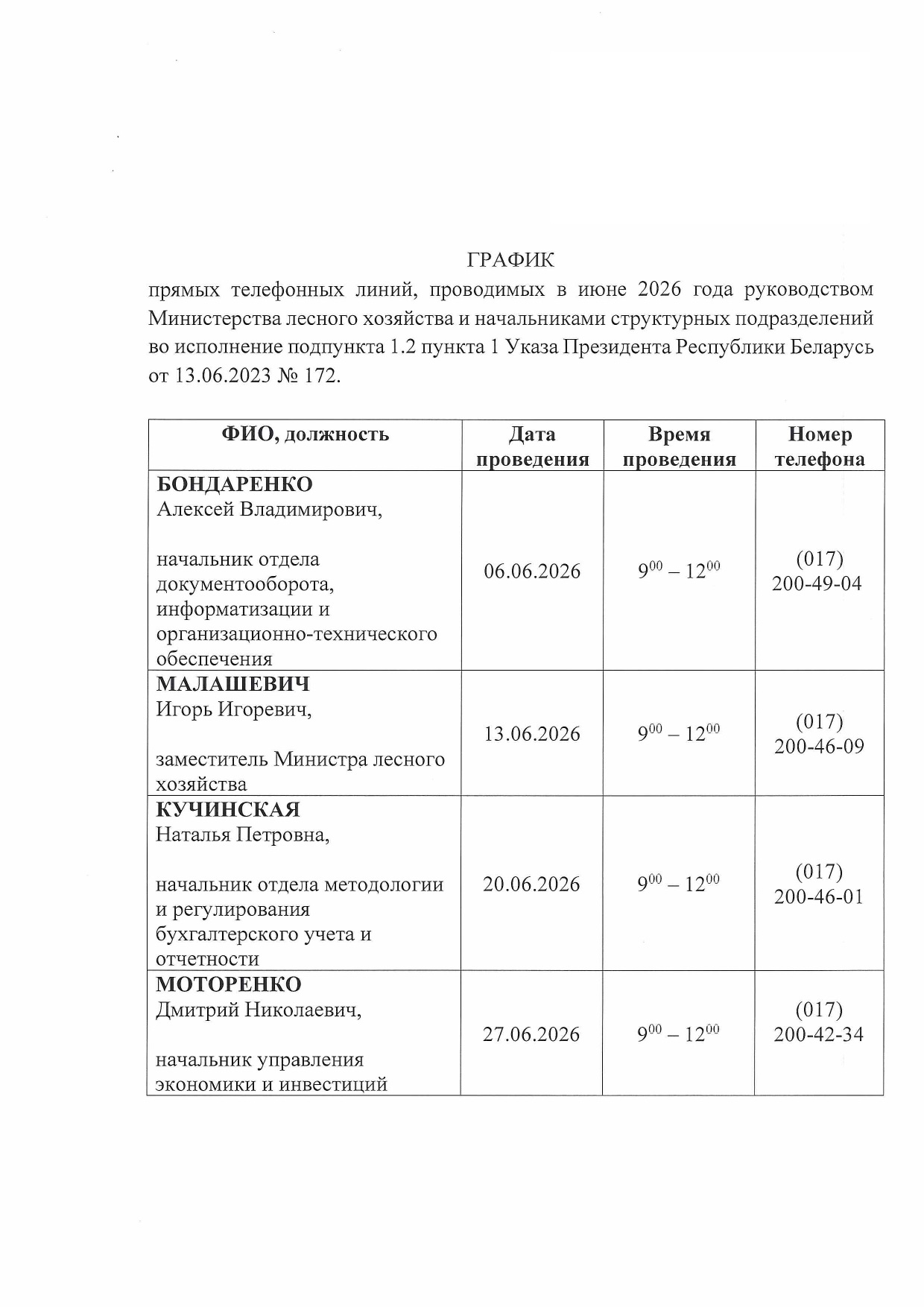 График прямых телефонных линий, проводимых Министерством лесного хозяйства
