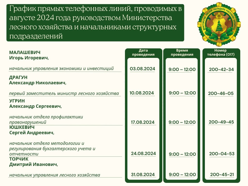 График прямых телефонных линий на июнь 2024г.